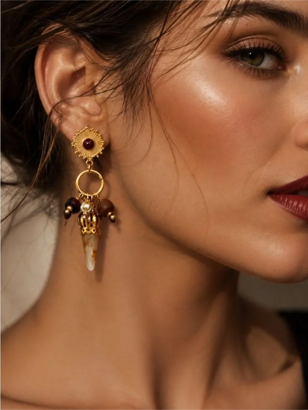 Vintage Gold Drop Earrings with Brown and Cream Accents